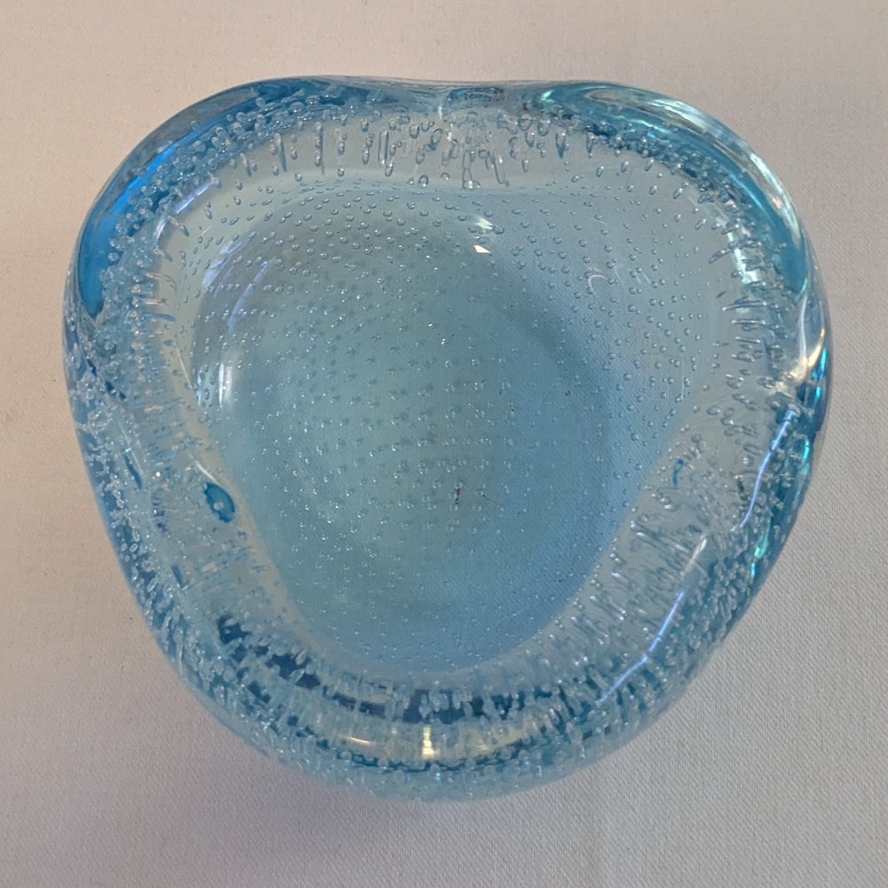 Controlled Bubble Blown Art Glass Ashtray Trinket Candle Dish Light Blue 5"